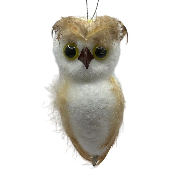 Vintage Flocked White Owl Christmas Ornament Real Feathers Clip-On Hang Bird - Picture 1 of 8